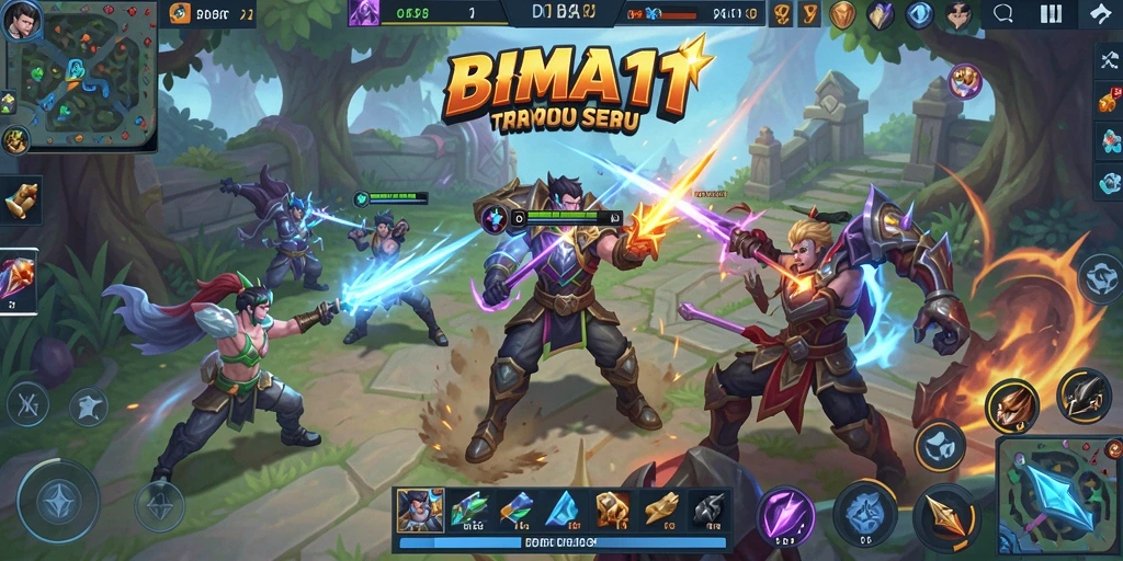 Screenshot dari gameplay seru BIMA11 menunjukkan aksi MOBA yang mendebarkan.