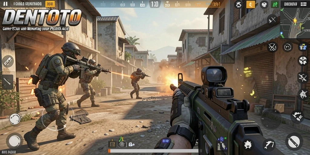 Tampilan gameplay seru dari DENTOTO yang menampilkan aksi tembak-menembak.