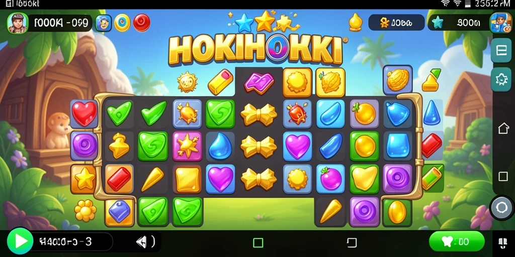 Screenshot gameplay HOKIHOKI menampilkan kombinasi warna-warni yang menarik.