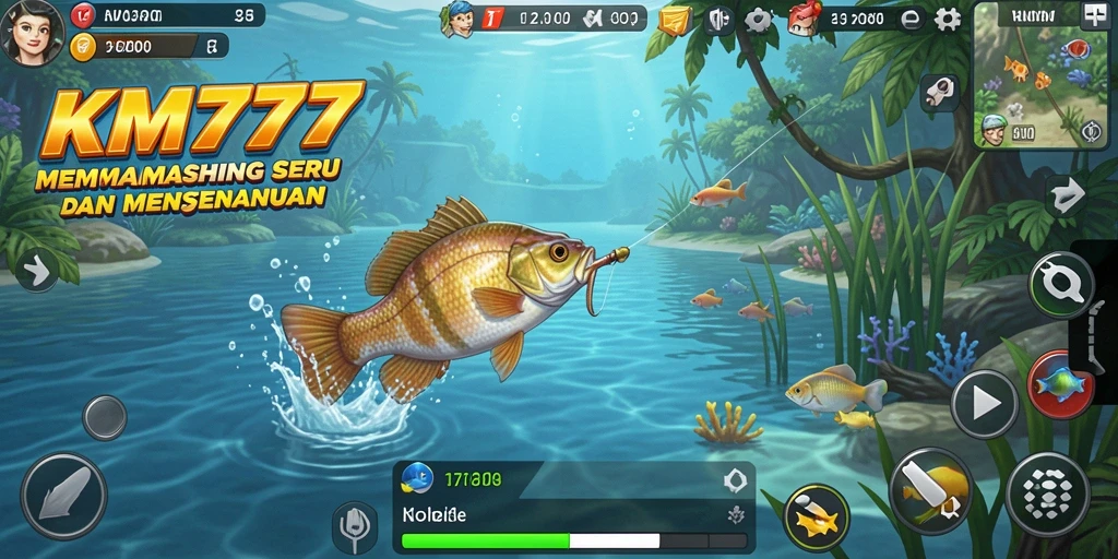 Screenshot permainan KM777 menampilkan aksi memancing yang seru di laut biru.