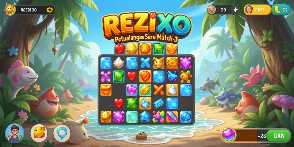Screenshot gameplay REZIXO dengan kombinasi permata yang menakjubkan.