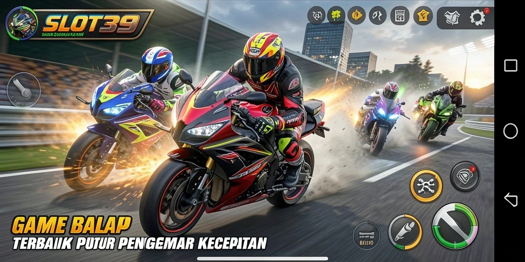 Gambaran gameplay menegangkan dalam SLOT39 dengan balapan motor.