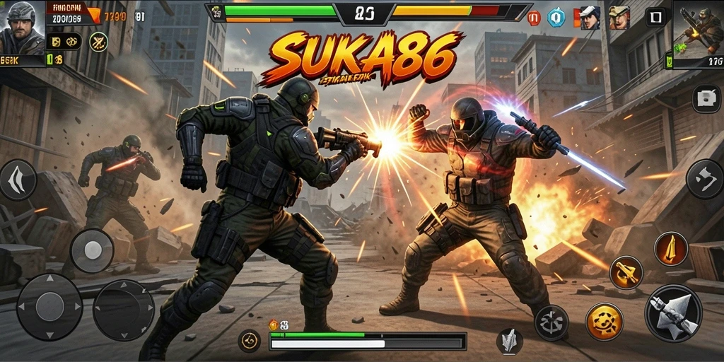 Tampilan seru dari gameplay SUKA86 saat beraksi di medan perang.