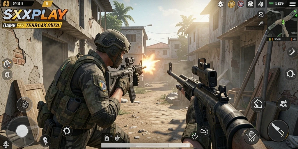 Screenshot SXXPLAY menampilkan aksi gameplay FPS yang mendebarkan.