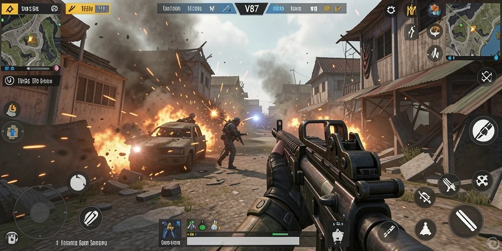 Screenshot utama V87 menampilkan aksi gameplay TPS yang intens.